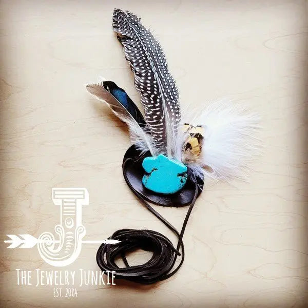 Blue Turquoise, Spotted Feather & Leather Hat Band - FamilyClothes