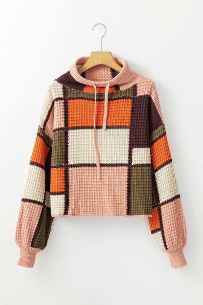Colorblock Waffle Knit Sweater with Drawstring Mock Neck - FamilyClothes