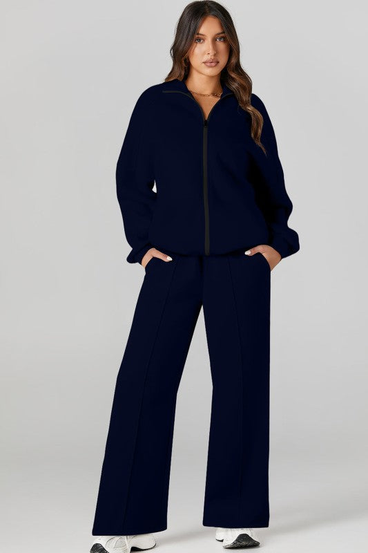 Solid Zip-Up Jacket and Drawstring Pants Set - FamilyClothes