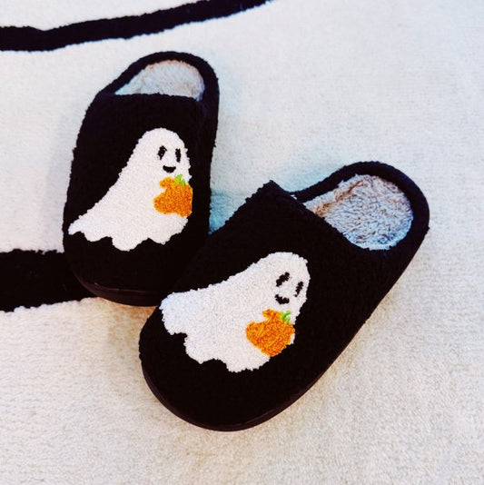 Spooky Ghost Cozy Slippers – Soft Black Slippers w - FamilyClothes
