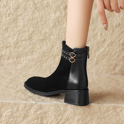 Autumn Winter Short Boots for Women - Stylish Women's Autumn Winter Short Boots with Low & Thick Heels and Belt Rivets T6788 - FamilyClothes