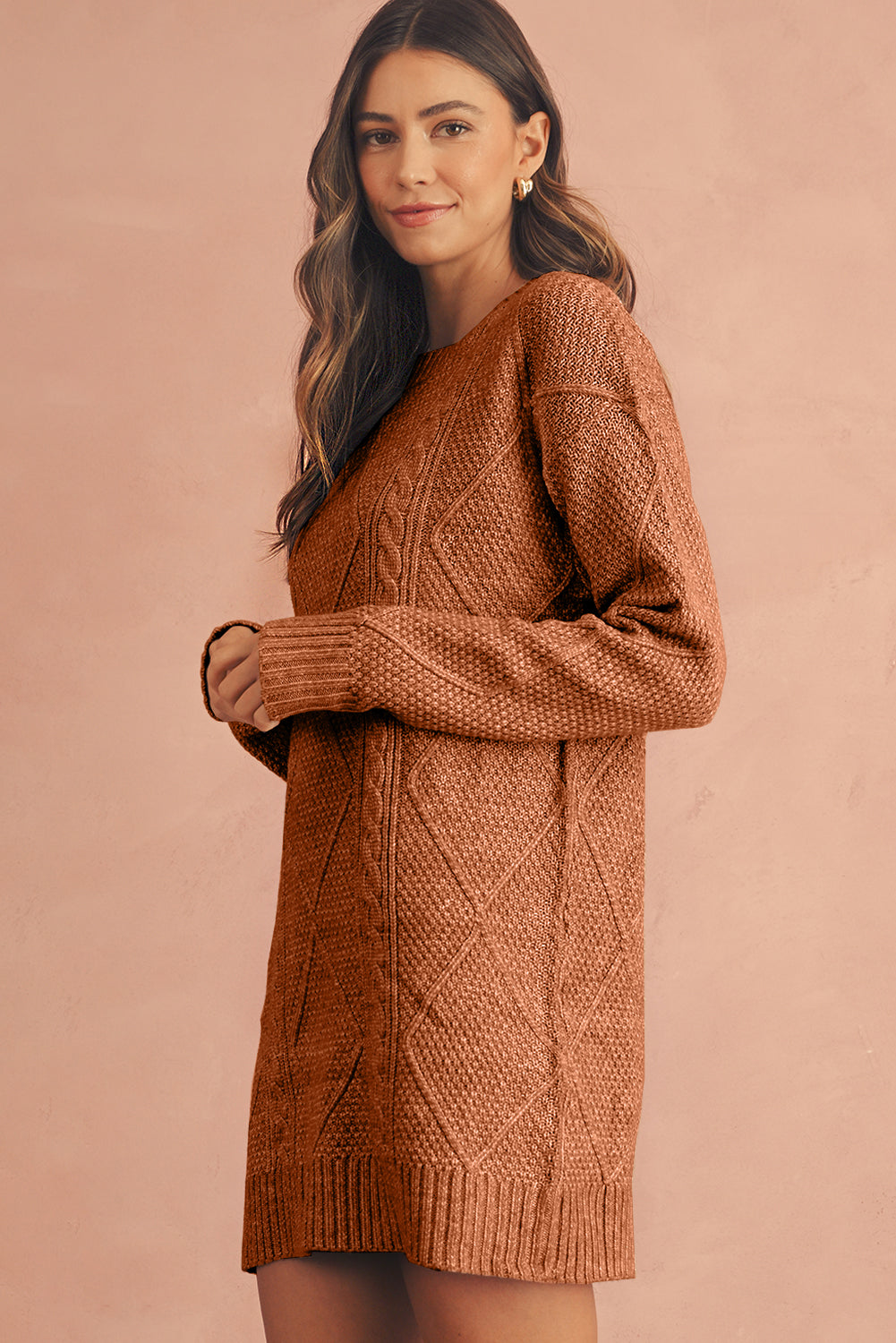 Coffee Knit Sweater Dress - Cable Knit Drop Shoulder Loose Fit Design - FamilyClothes