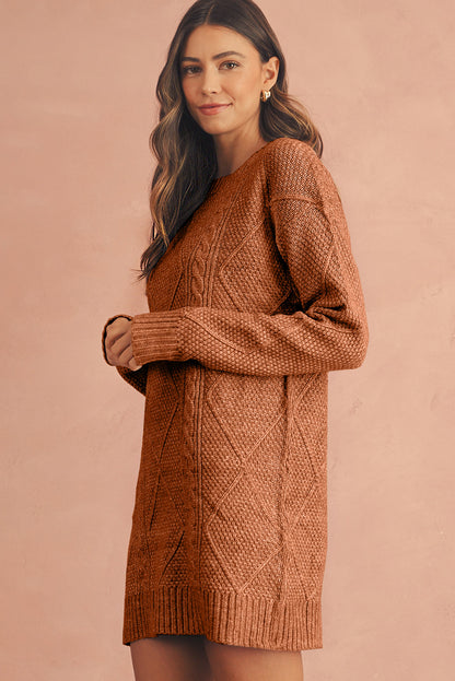 Coffee Knit Sweater Dress - Cable Knit Drop Shoulder Loose Fit Design - FamilyClothes