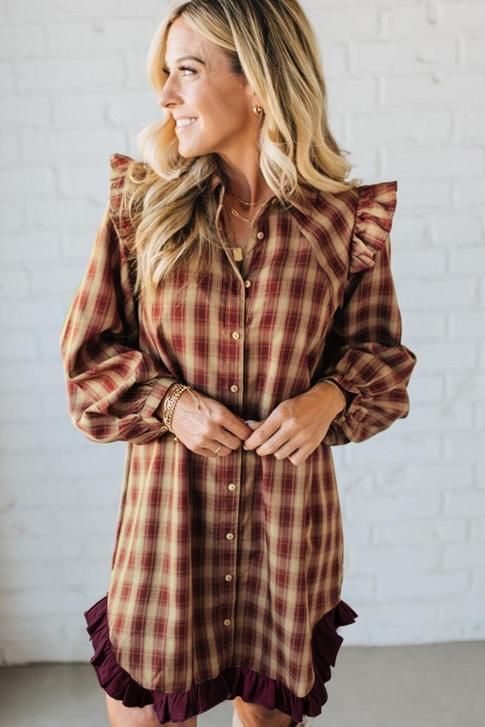 Red Plaid Mini Shirt Dress with Ruffled Long Sleeves and Patchwork Hem - FamilyClothes