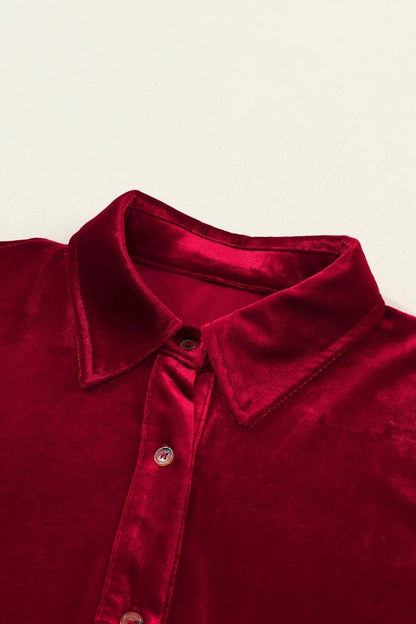 Velvet Button-Up Long Sleeve Ruffle Dress - FamilyClothes