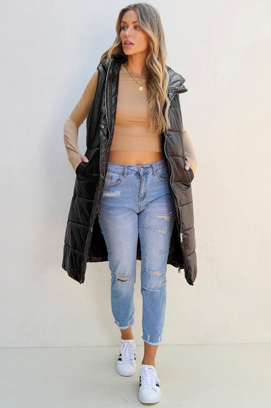 Solid Quilted Long Hooded Vest Coat - FamilyClothes