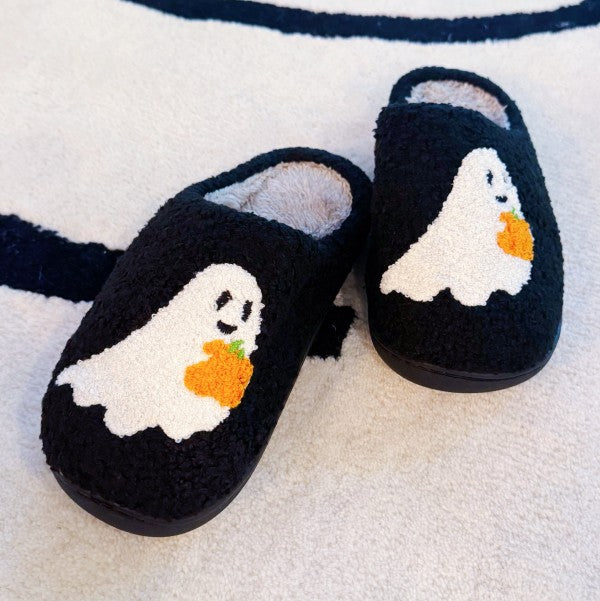 Spooky Ghost Cozy Slippers – Soft Black Slippers w - FamilyClothes