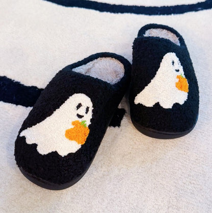 Spooky Ghost Cozy Slippers – Soft Black Slippers w - FamilyClothes
