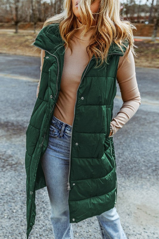 Solid Quilted Long Hooded Vest Coat - FamilyClothes