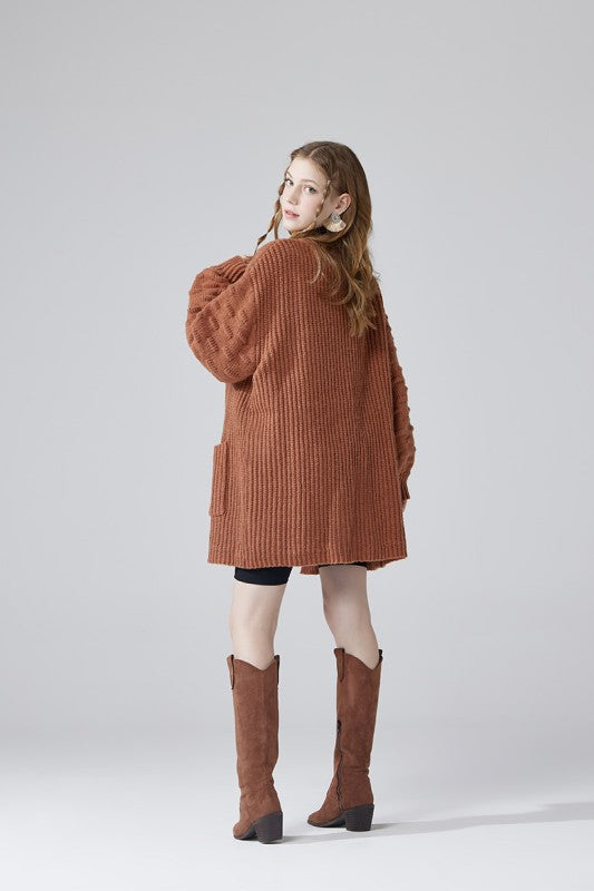 Oversized Cardigan with Pompom Sleeves for Cozy Style - FamilyClothes