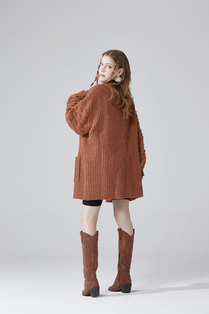 Oversized Cardigan with Pompom Sleeves for Cozy Style - FamilyClothes