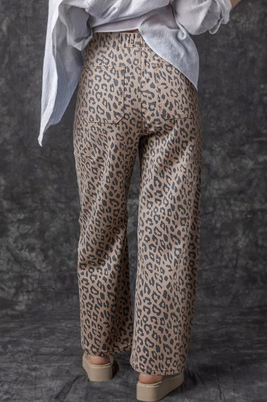 Leopard Printed Drawstring Elastic Waist Leg Jeans - FamilyClothes