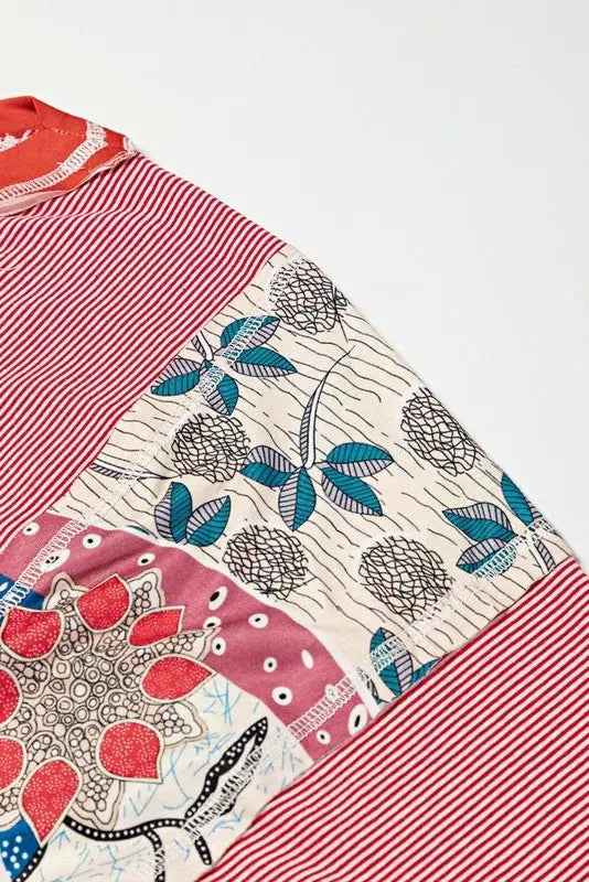 Color Block Floral Tunic Top - Stripe Dolman Style for Effortless Elegance - FamilyClothes