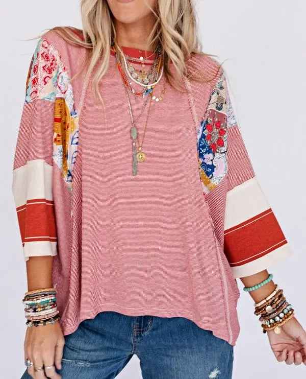 Color Block Floral Tunic Top - Stripe Dolman Style for Effortless Elegance - FamilyClothes