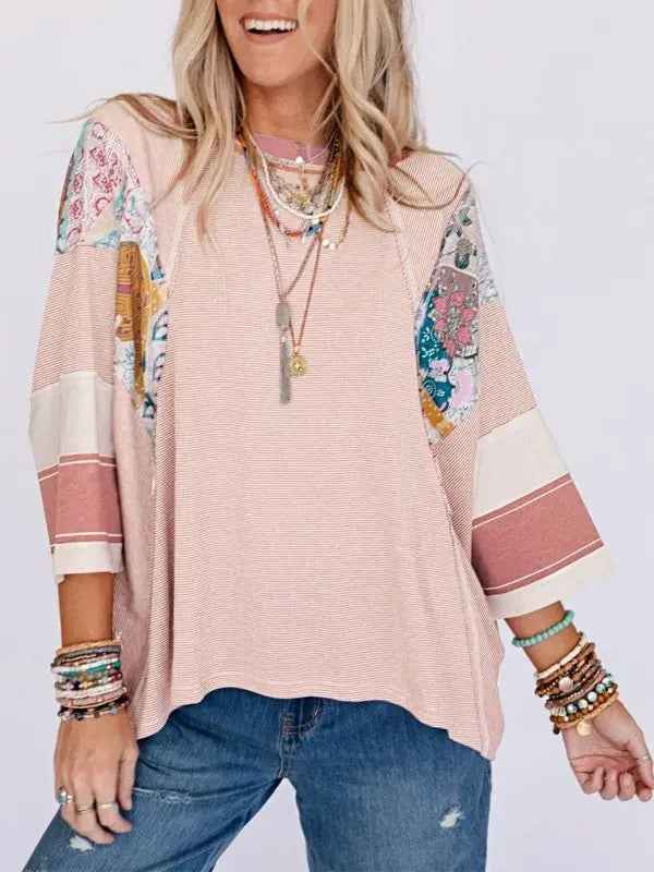 Color Block Floral Tunic Top - Stripe Dolman Style for Effortless Elegance - FamilyClothes