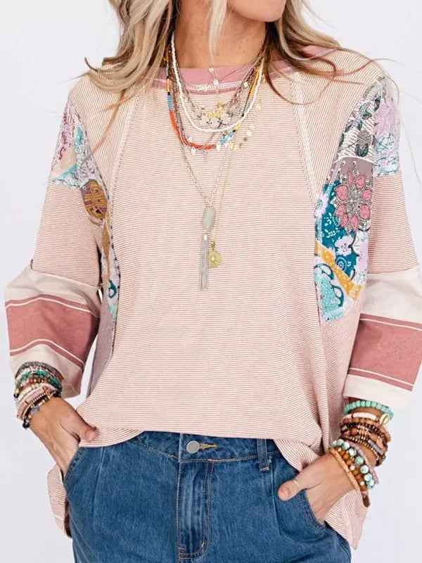 Color Block Floral Tunic Top - Stripe Dolman Style for Effortless Elegance - FamilyClothes