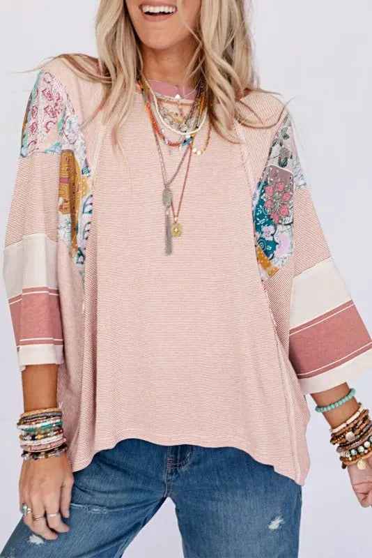 Color Block Floral Tunic Top - Stripe Dolman Style for Effortless Elegance - FamilyClothes
