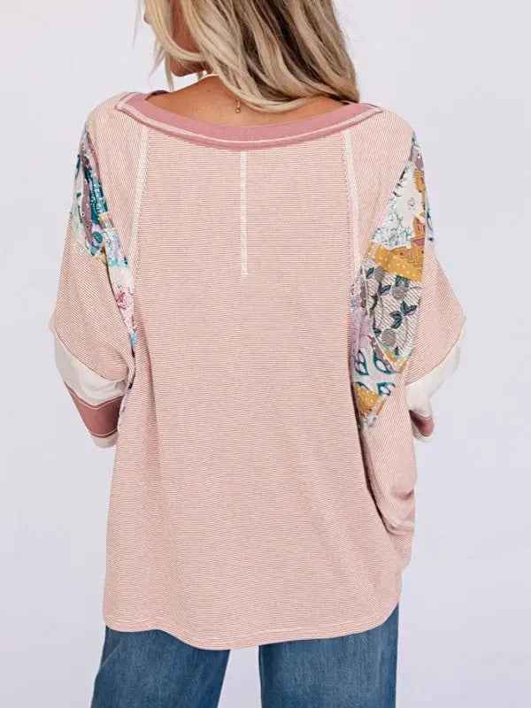 Color Block Floral Tunic Top - Stripe Dolman Style for Effortless Elegance - FamilyClothes