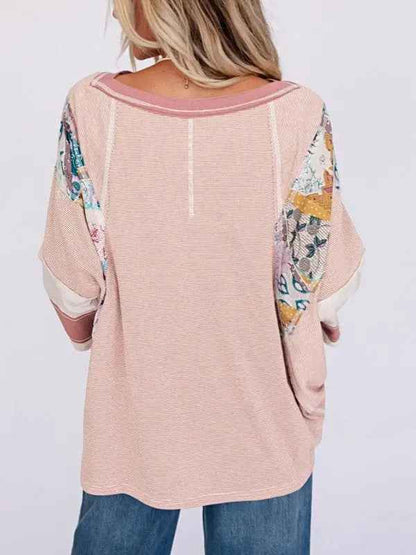 Color Block Floral Tunic Top - Stripe Dolman Style for Effortless Elegance - FamilyClothes