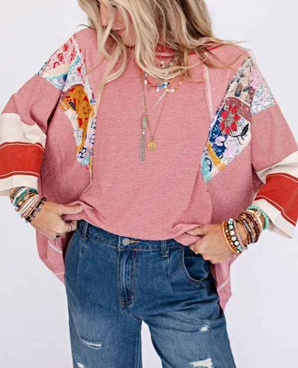 Color Block Floral Tunic Top - Stripe Dolman Style for Effortless Elegance - FamilyClothes