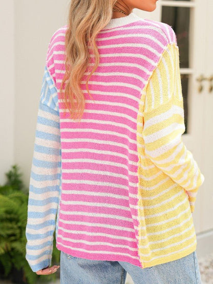 Colorblock Striped Patchwork Dolman  Slit Sweater - FamilyClothes