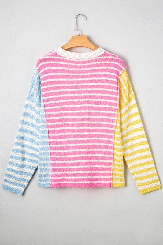 Colorblock Striped Patchwork Dolman  Slit Sweater - FamilyClothes