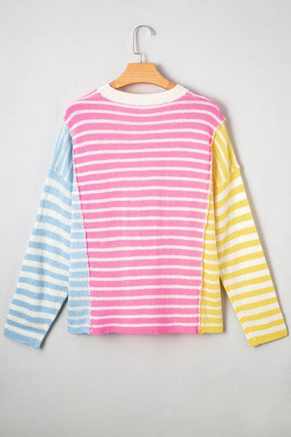 Colorblock Striped Patchwork Dolman  Slit Sweater - FamilyClothes