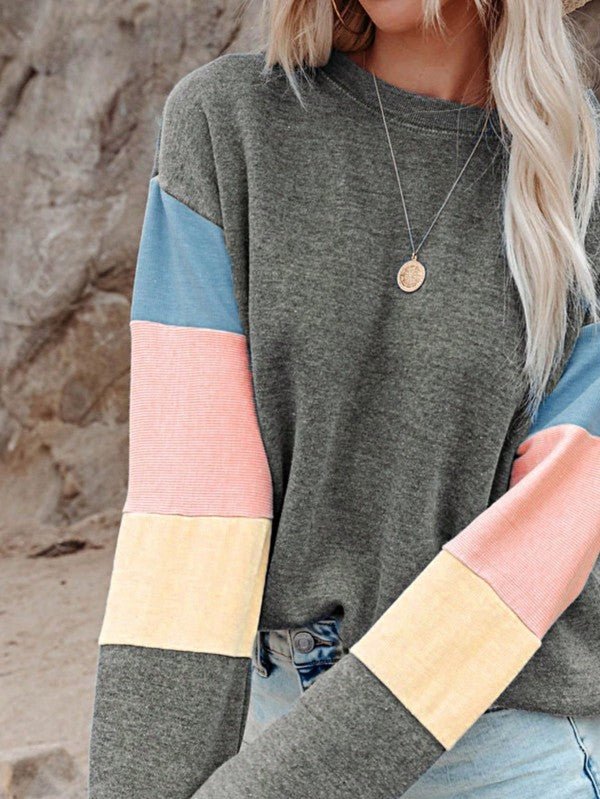 Cotton Color Block Sweatshirt - Casual Drop Sleeve for Effortless Style and Comfort - FamilyClothes
