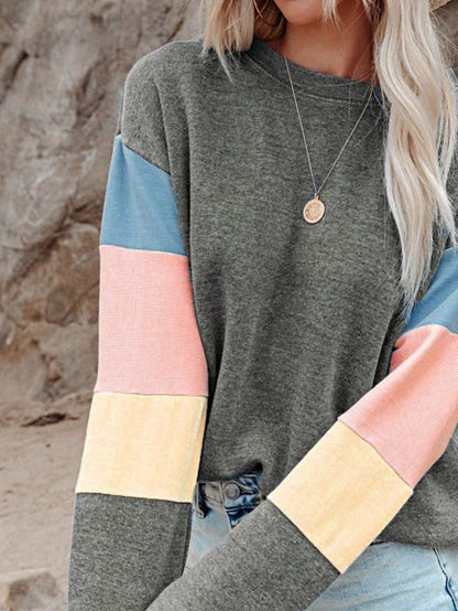 Cotton Color Block Sweatshirt - Casual Drop Sleeve for Effortless Style and Comfort - FamilyClothes