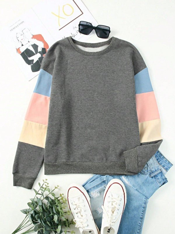Cotton Color Block Sweatshirt - Casual Drop Sleeve for Effortless Style and Comfort - FamilyClothes