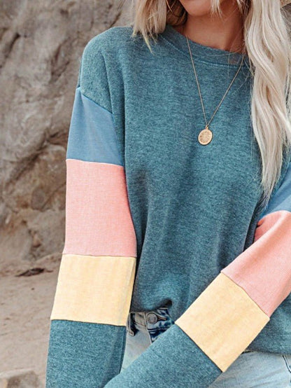 Cotton Color Block Sweatshirt - Casual Drop Sleeve for Effortless Style and Comfort - FamilyClothes