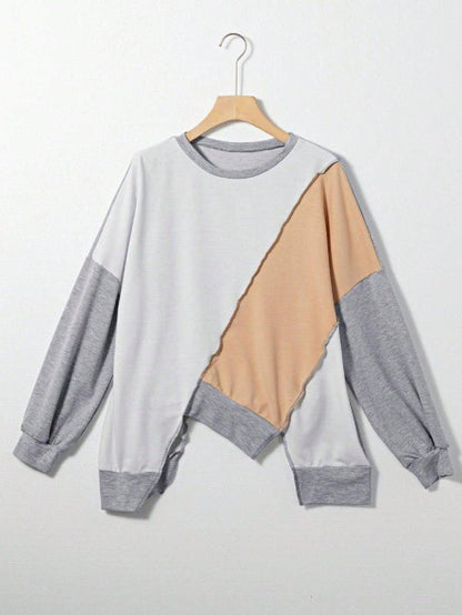 Cotton Stitching Irregular Hem Block  Pullover - FamilyClothes