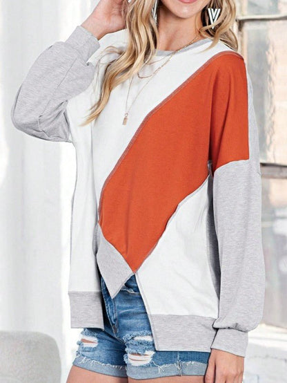 Cotton Stitching Irregular Hem Block  Pullover - FamilyClothes