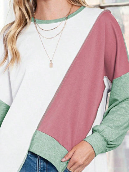 Cotton Stitching Irregular Hem Block  Pullover - FamilyClothes