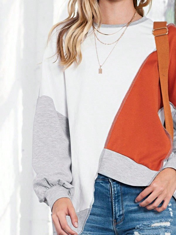 Cotton Stitching Irregular Hem Block  Pullover - FamilyClothes