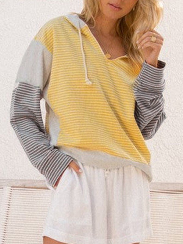 Cotton Stripe V Neck Loose Fit Hooded Pull Over - FamilyClothes