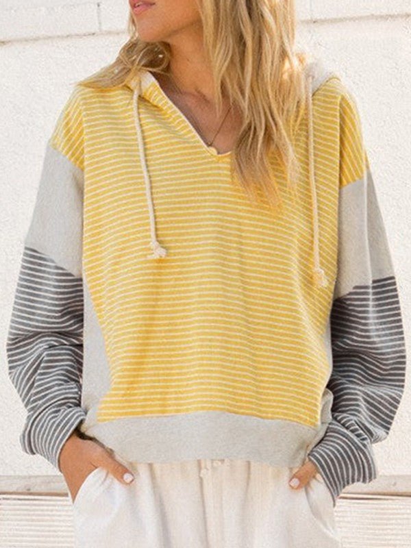 Cotton Stripe V Neck Loose Fit Hooded Pull Over - FamilyClothes