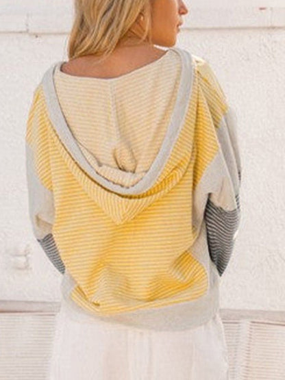 Cotton Stripe V Neck Loose Fit Hooded Pull Over - FamilyClothes