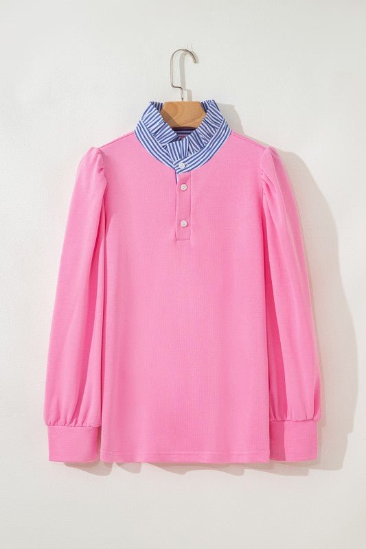 Cotton Striped Collar Puff Sleeve Sweatshirt - FamilyClothes