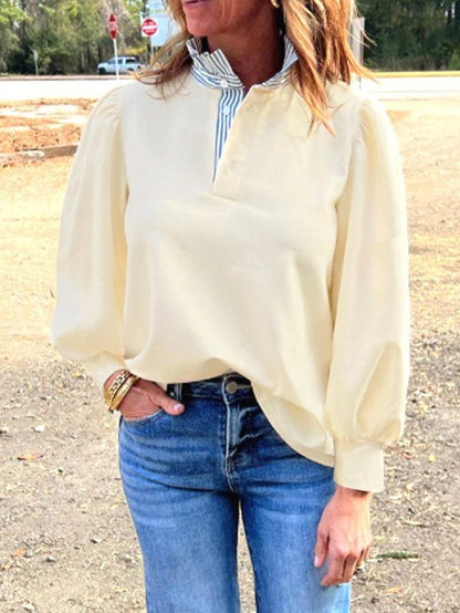 Cotton Striped Collar Puff Sleeve Sweatshirt - FamilyClothes