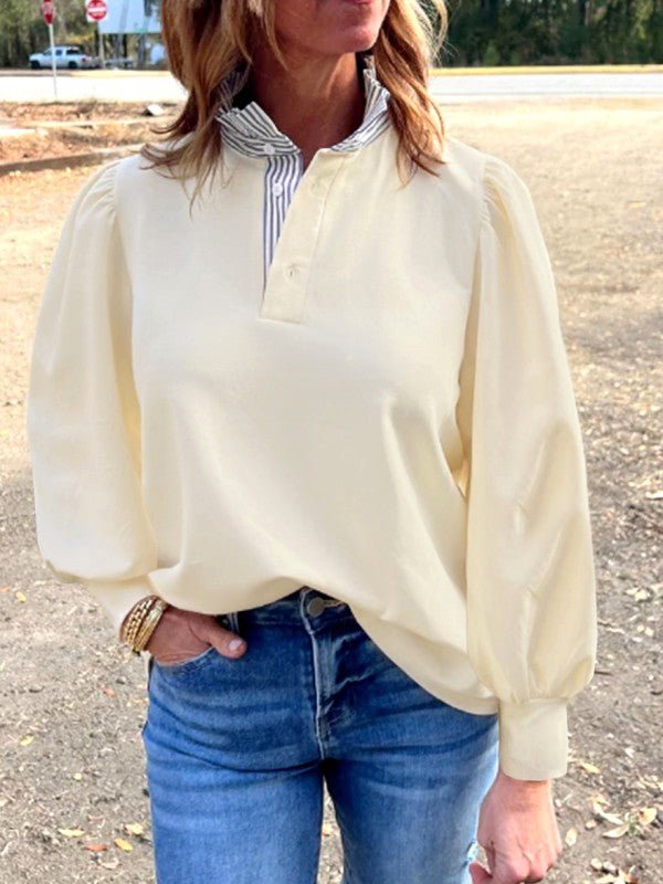 Cotton Striped Collar Puff Sleeve Sweatshirt - FamilyClothes