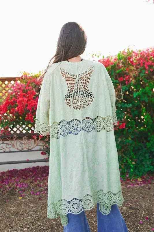 Crochet Open Patch Longline Kimono - FamilyClothes