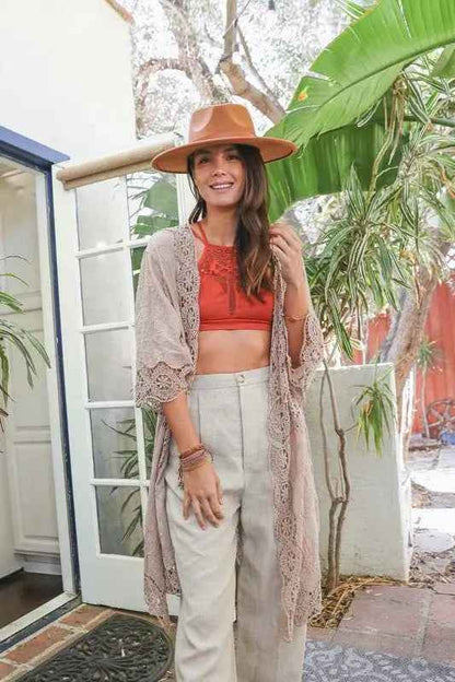 Crochet Open Patch Longline Kimono - FamilyClothes
