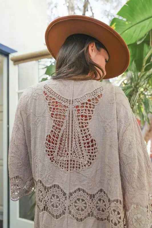 Crochet Open Patch Longline Kimono - FamilyClothes