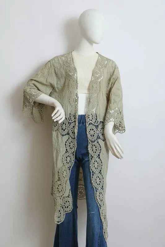 Crochet Open Patch Longline Kimono - FamilyClothes