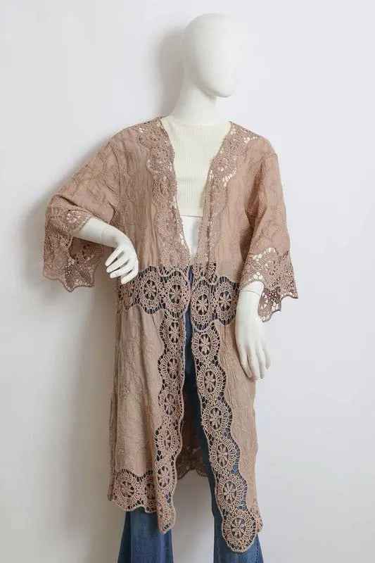 Crochet Open Patch Longline Kimono - FamilyClothes