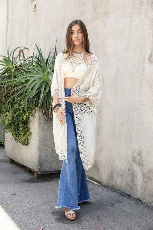 Crochet Open Patch Longline Kimono - FamilyClothes