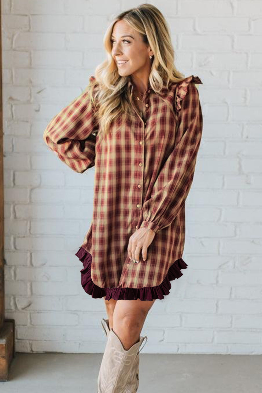 Red Plaid Mini Shirt Dress with Ruffled Long Sleeves and Patchwork Hem - FamilyClothes