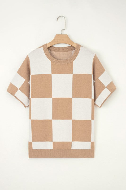 Checker Short Sleeve Drop Shoulder Sweater - FamilyClothes