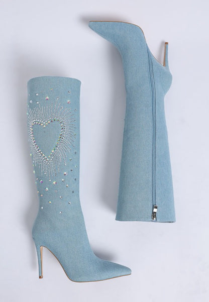 Coastra Rhinestone Embellished Stiletto Boots - FamilyClothes